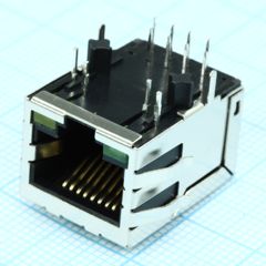 Разъем экр. "гнездо" RJ-45 c согласующ. фильтром 10/100Base-TX (1:1), 2 нижн. светодиод. (лев.зел./прав.желт.), с лепестк., от - 40 до + 85 гр.C, пр. угол на плату, Lк. = 21.3 мм (аналог J0026D21BNL*/ LU1T516-43*)