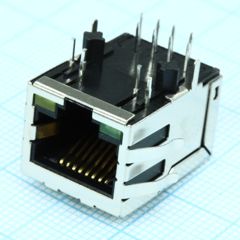 Разъем экр."гнездо" RJ-45 c согласующ. фильтром 10/100Base-TX(1:1), 2 нижн. светодиод. (лев. зел./прав. желт.), с лепестк., от - 40 до + 85 гр.C, пр. угол на плату, Lк.= 21.3 мм  (аналог J0011D21BNL*/ HFJ11-E2450E-L12RL*/ J00-0065NL**)
