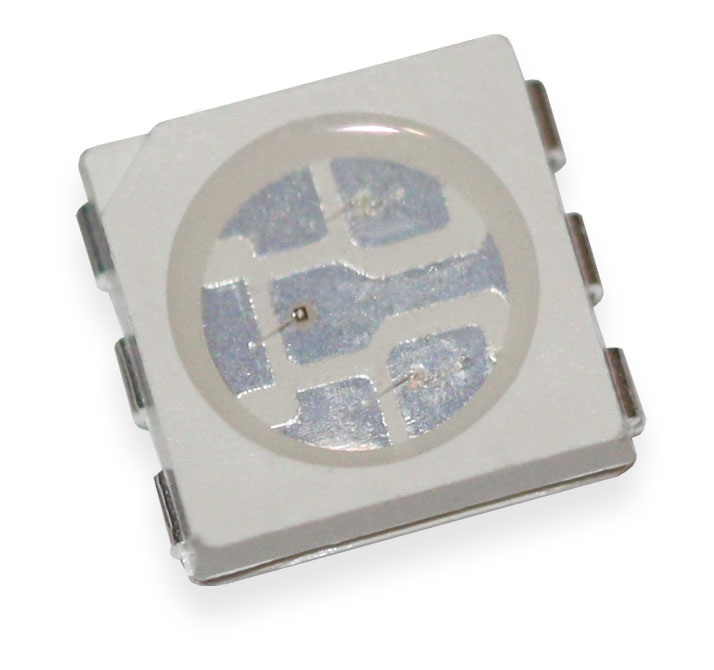 Светодиод SMD RGB 5х5мм/ красный/622нм/610мкд - зеленый/520нм/1300мкд  - синий/469нм/270мкд/ 2.1В-3.1В/  максимальный ток 30мА / белый корпус/ 120°