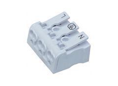 Клемма QJ-863 3P-T с ножкой.Нажимная клеммная колодка, 3 полюса, пружинная фиксация провода, якорный монтаж на поверхность, сечение провода: 0.75 - 2.5 мм кв., номинальные характеристики: 450 V; 24 A; цвет белый