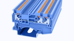 Проходная клемма, 3 точки подключения, тип фиксации провода: Push-in, номинальное сечение: 1.5 мм кв., 17,5A, 500V, ширина: 3,5 мм, цвет: синий, тип монтажа: DIN35, втычная перемычка,