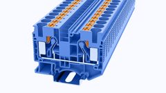 Проходная клемма, тип фиксации провода: Push-in, номинальное сечение: 10 мм кв., 57A, 1000V, ширина: 10,2 мм, цвет: синий, тип монтажа: DIN35, втычная перемычка,