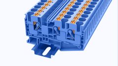 Проходная клемма, 3 точки подключения, тип фиксации провода: Push-in, номинальное сечение: 10 мм кв., 57A, 1000V, ширина: 10,2 мм, цвет: синий, тип монтажа: DIN35, втычная перемычка,