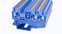 Проходная клемма, 3 точки подключения, тип фиксации провода: Push-in, номинальное сечение: 2.5 мм кв., 24A, 800V, ширина: 5,2 мм, цвет: синий, тип монтажа: DIN35, втычная перемычка,