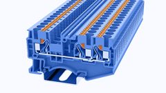 Проходная клемма, 3 точки подключения, тип фиксации провода: Push-in, номинальное сечение: 4 мм кв., 32A, 800V, ширина: 6,2 мм, цвет: синий, тип монтажа: DIN35, втычная перемычка,