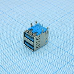 Разъем USB 3.0 A розетка сдвоенная угловая на плату, синий изолятор, монтаж в отверстия