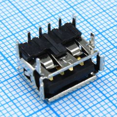 Разъем USB A розетка угловая на плату, черный изолятор, монтаж в отверстия