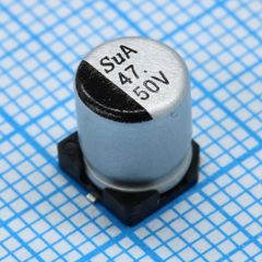 SMD Конденсатор алюминиевый электролитический 50В, 47мкФ ±20%, размер 6.3 X 7.7мм, 0.68 Ом, 185мА, 3000ч, 105С