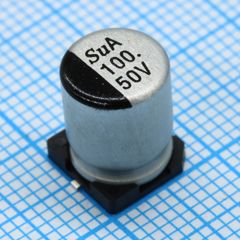 SMD Конденсатор алюминиевый электролитический 50В, 100мкФ ±20%, размер 8 X 10.5мм, 0.34 Ом, 360мА, 5000ч, 105С