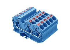 Проходная клемма, 3 точки подключения, тип фиксации провода: Push-in, номинальное сечение: 16 мм кв., 76A, 1000V, ширина: 12,2 мм, цвет: синий, тип монтажа: DIN35